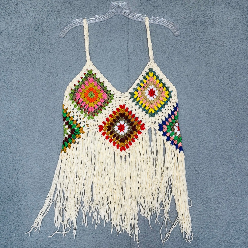 Sewn + Seen Multicolor Crochet Granny Square Fringe Halter Top Mens M SNS1543